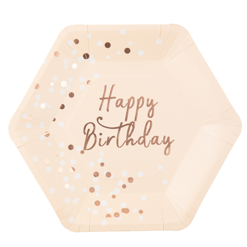 8 assiettes "happy birthday" confettis rose et rose gold 23x26cm