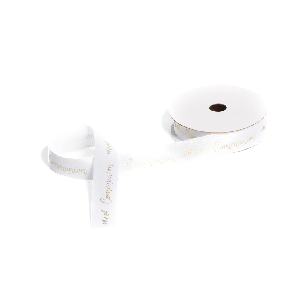 Ruban communion satin blanc floque or 1.9c
