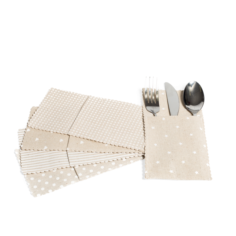 5 porte couverts lin et blanc 5 mot ifs assortis 11x21cm