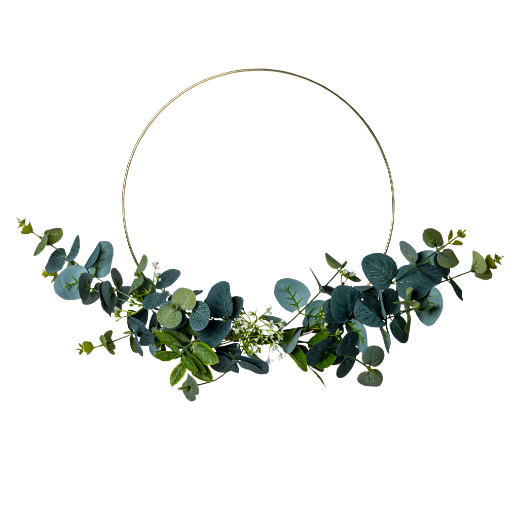 Couronne d'eucalyptus et fleurs blanche cercle metal or diamètre 30cm