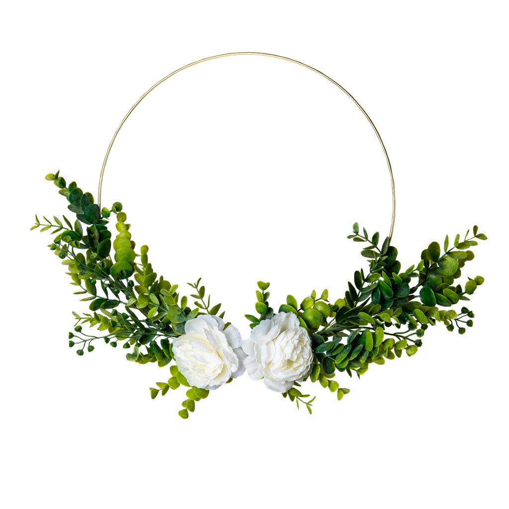 Couronne d'eucalyptus et pivoines b lanches cerle metal or diam 30cm