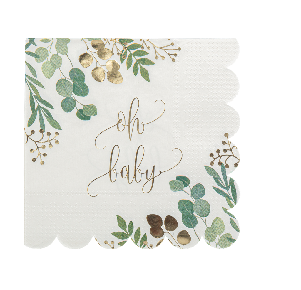 16 serviettes oh baby blanc vert et  or 3 plis 33x33cm