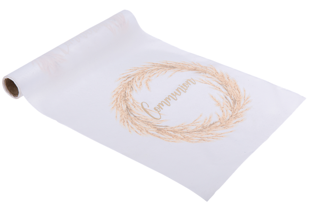 Chemin de table tissu communion bla nc pampa et or 28cmx5m
