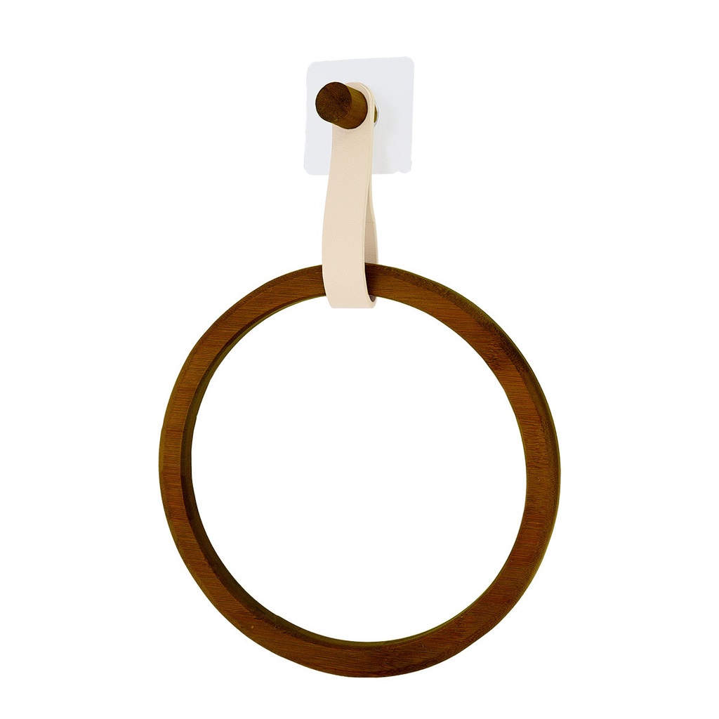 Porte serviettes arrondi bambou + laniere simili cuir sur sticker - beige/ facon acacia