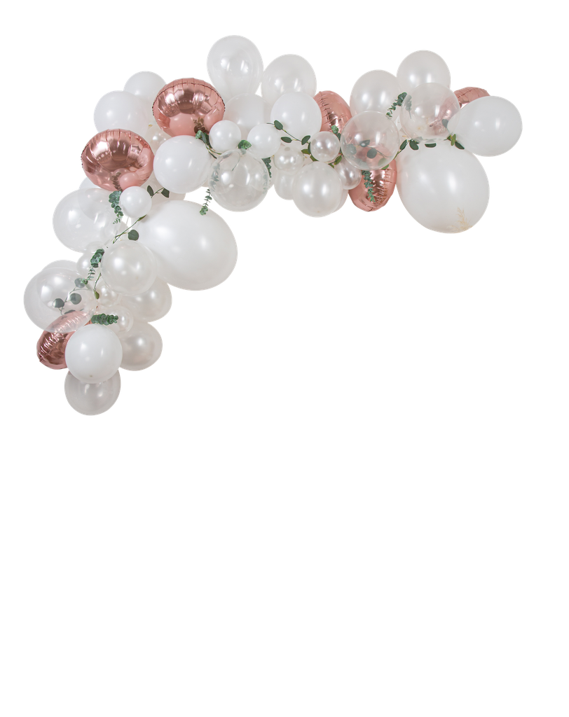 Kit arche de 70 ballons la reveuse blanc rose gold et eucalyptus