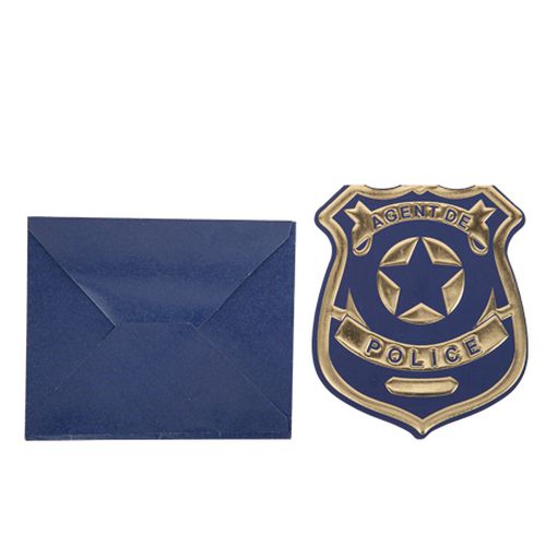 8 invitations badge de police papier marine embossé or 10,5x12cm + 8 enveloppes marine