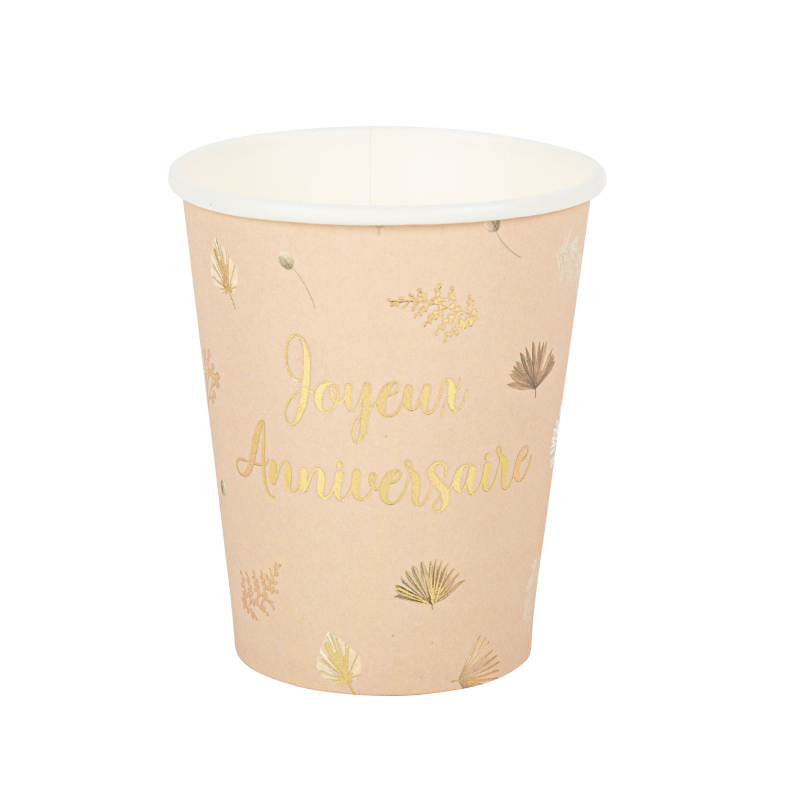 8 gobelets boho joyeux anniversaire blush et or 255ml