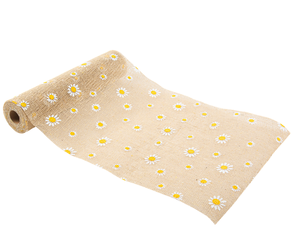 Chemin de table daisy flowers jute, blanc et jaune 28cmx5m