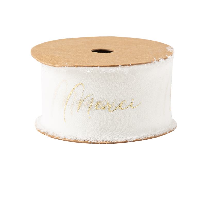 Ruban effiloche merci mousseline de soie blanche et or 4cm x 3m