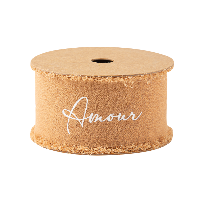 Ruban effiloche amour mousseline de soie camel et blanc 4cm x 3m