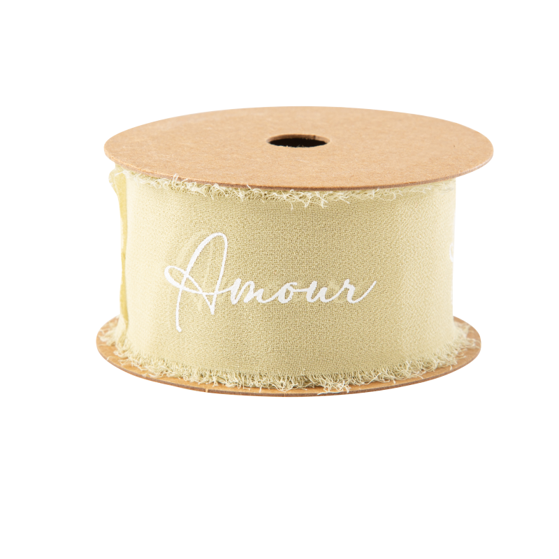 Ruban effiloche amour mousseline de soie sauge green et blanc 4cm x 3m
