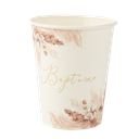 8 gobelets "baptême" pampas carton fleurs de coton et or 255ml