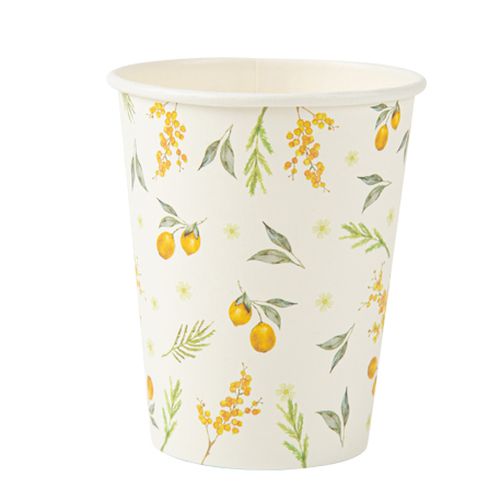 8 Gobelets Mimosa Citrons Carton et Feuillages 255ml