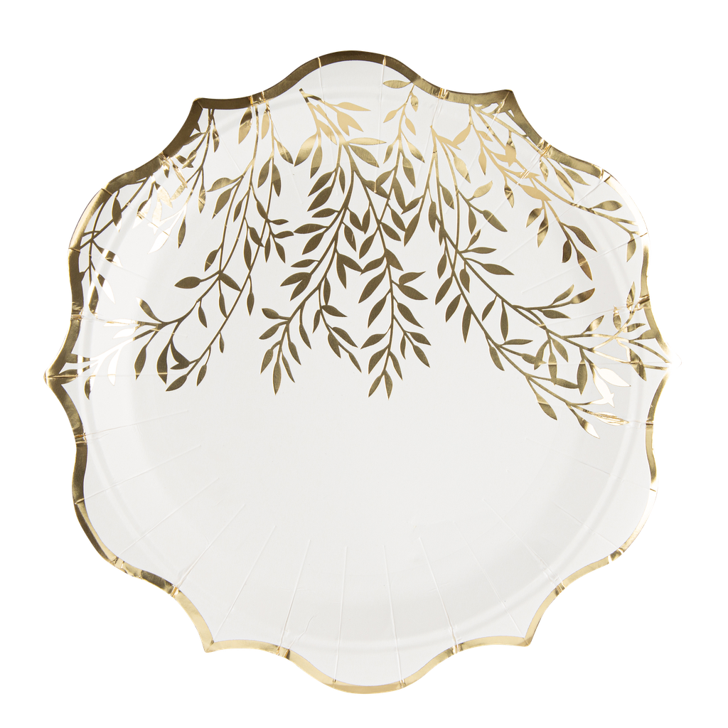 8 Assiettes Jolis Brins Carton Blanc et Or Ø23cm