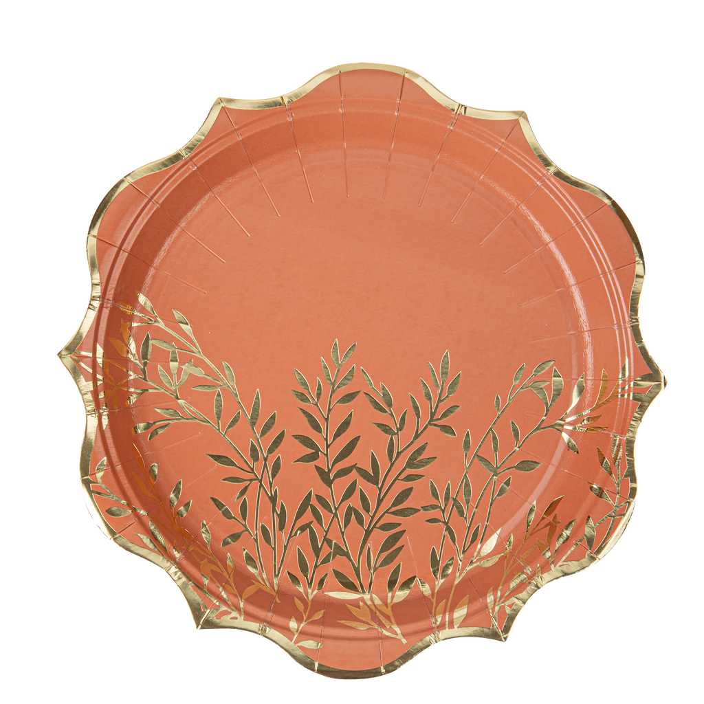 8 Assiettes Jolis Brins Carton Terracotta et Or Ø23cm