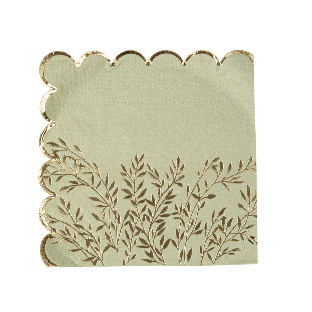 16 Serviettes Jolis Brins Papier Vert Sauge et Or 33x33cm - 3 Plis