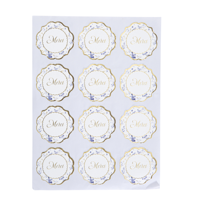 24 stickers merci toile de jouy blanc bleu et or diam 5 cm
