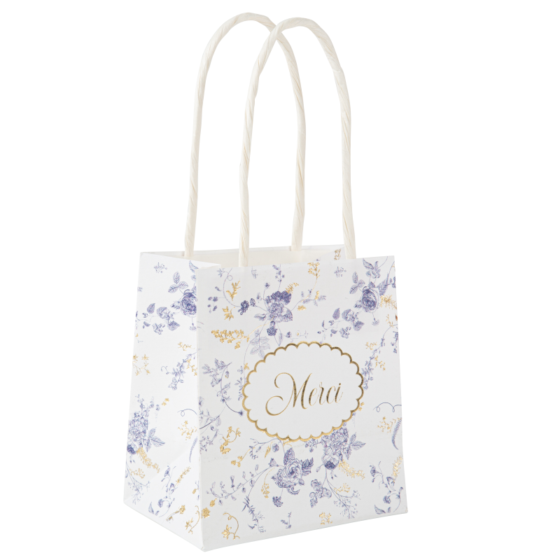 6 sacs cadeaux toile de jouy papier blanc, bleu et or 10x11x7cm avec anses blanc