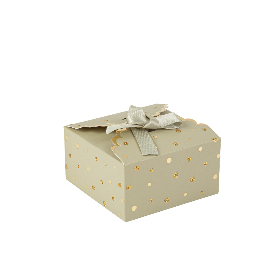 8 contenants festonnés jolis pois  sauge, or et pail  or 7 x 3,5 cm & ruban satin sauge