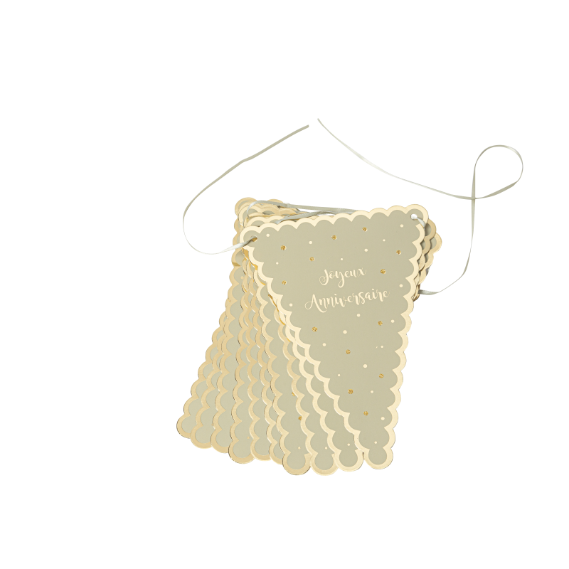 Guirlande "joyeux anniversaire" jolis pois papier vert sauge or et paillettes or 3,30m