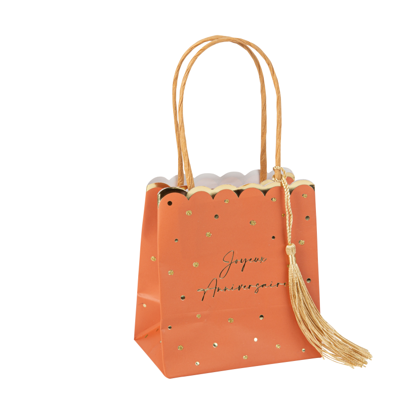 4 sacs à cadeaux jolis pois "joyeux anniversaire" papier terracotta, or 