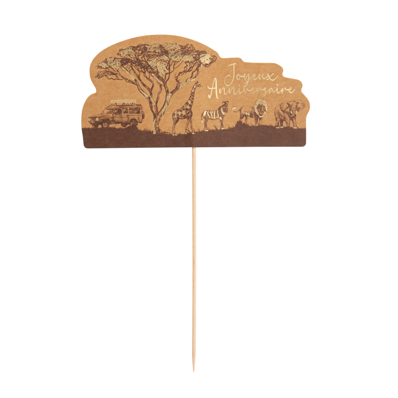 Cake topper joyeux anniv. safari kraft moka et or 16 x 24.5 cm recto / verso