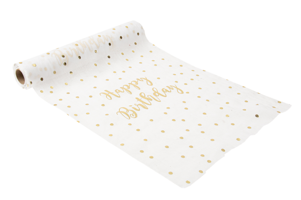 Chemin de table "happy birthday" mousseline blanche et pois or 28cmx5m