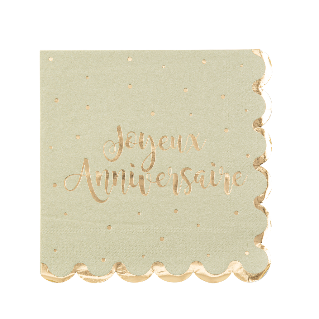 16 Serviettes "Joyeux Anniversaire" Jolis Pois Papier Vert Sauge Or 33x33cm - 3 Plis