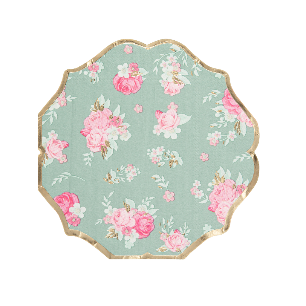 16 Serviettes Spring Papier Vert Sauge Rose et Or 33x33cm - 3 Plis