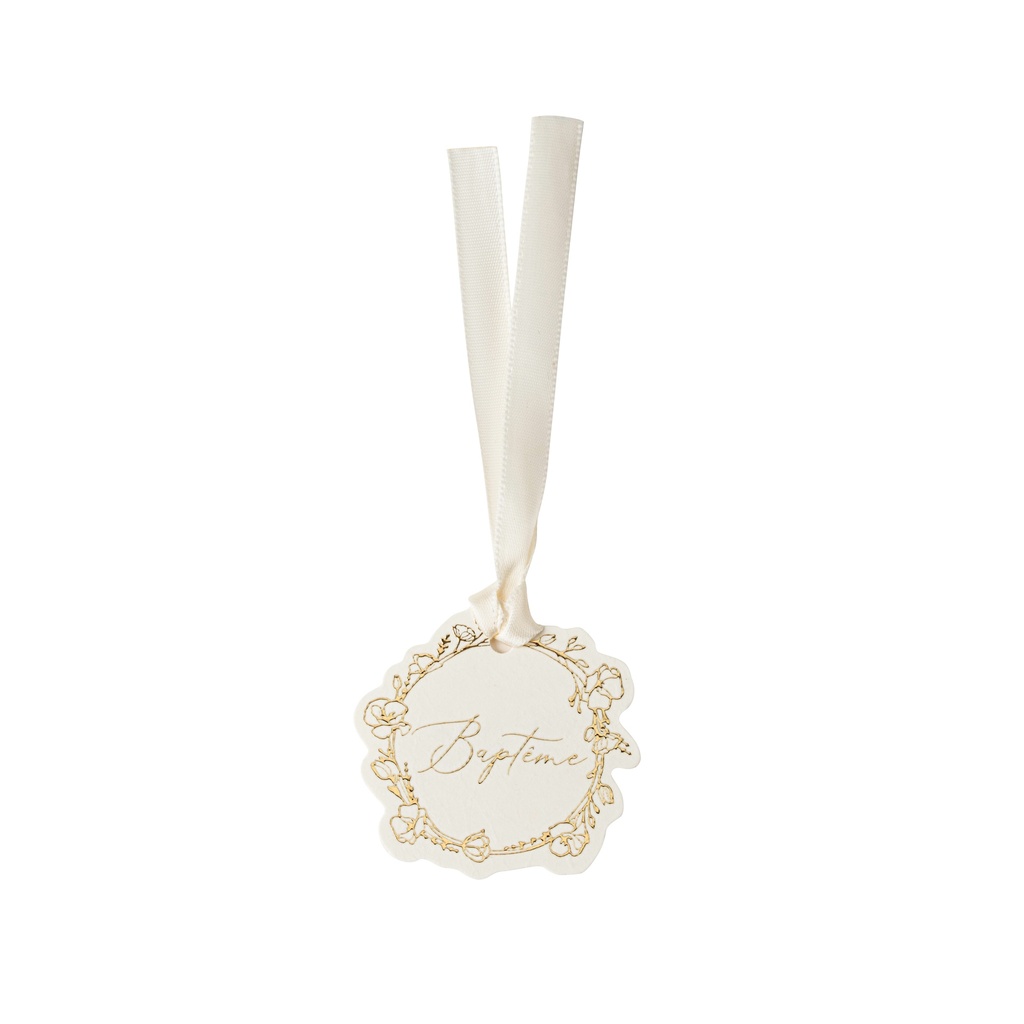 10 étiquettes baptême papier crème et or ø5cm et ruban satin crème