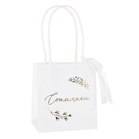6 sacs "communion" papier blanc et or 10x11x7cm et ruban satin blanc
