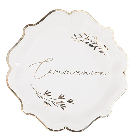 8 assiettes communion carton blanc et or 23cm