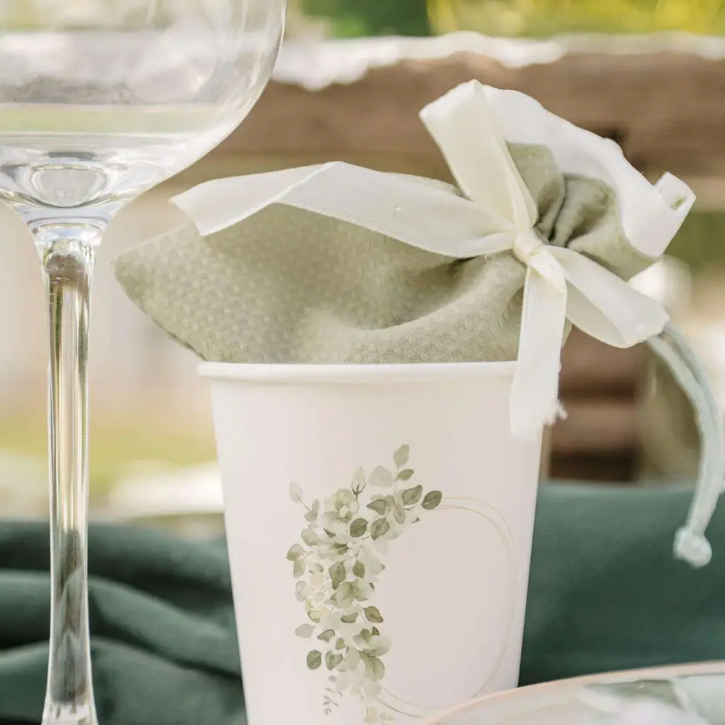 8 Gobelets Jardin Botanique Carton Vert Sauge et Blanc 255ml 