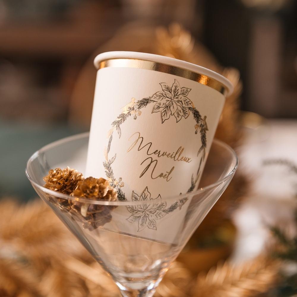 8 Gobelets "Merveilleux Noël" Vintage Christmas Carton Blanc, Vert Anglais et Or 255ml