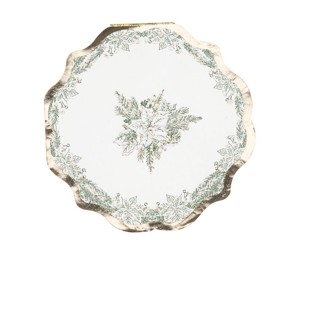 16 Serviettes Vintage Christmas Papier Blanc, Vert Anglais et Or 32x32cm - 3 Plis