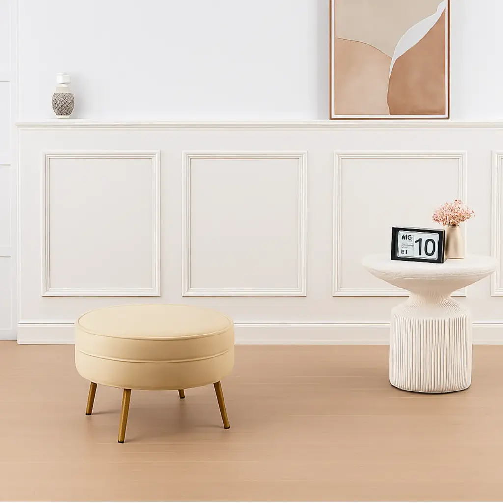 Pouf rond "louna" beige biscuit pied doré