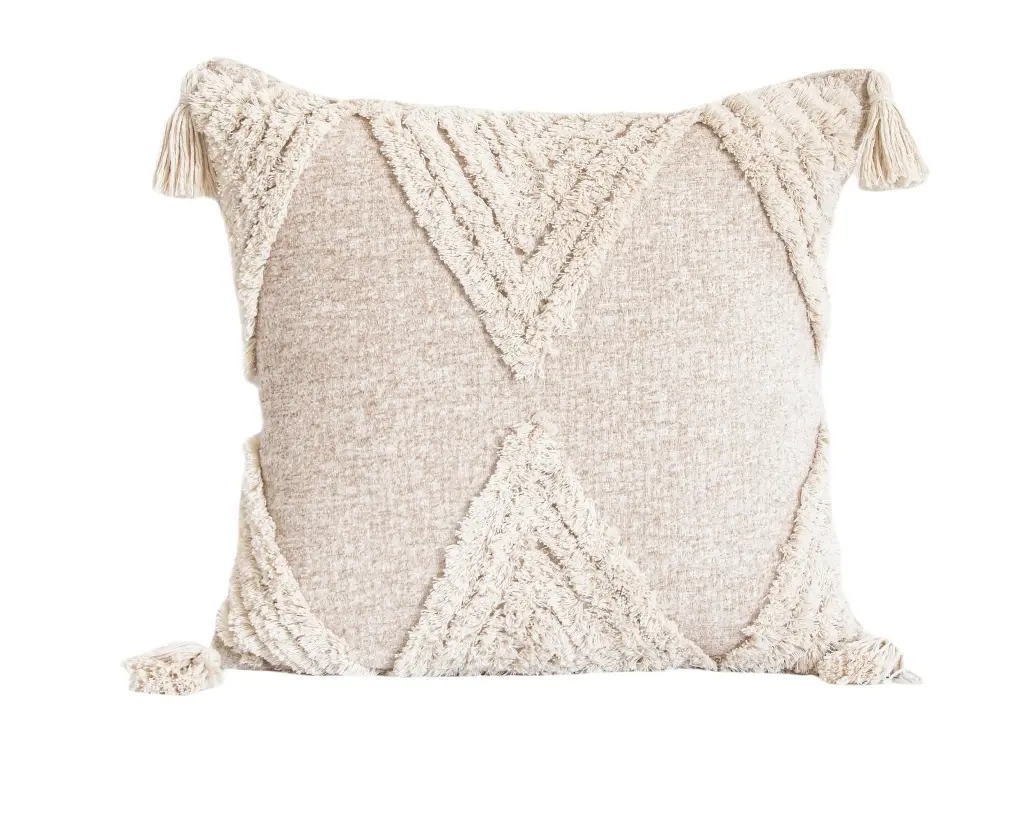 Coussin chiné marron clair pompons 45x45cm