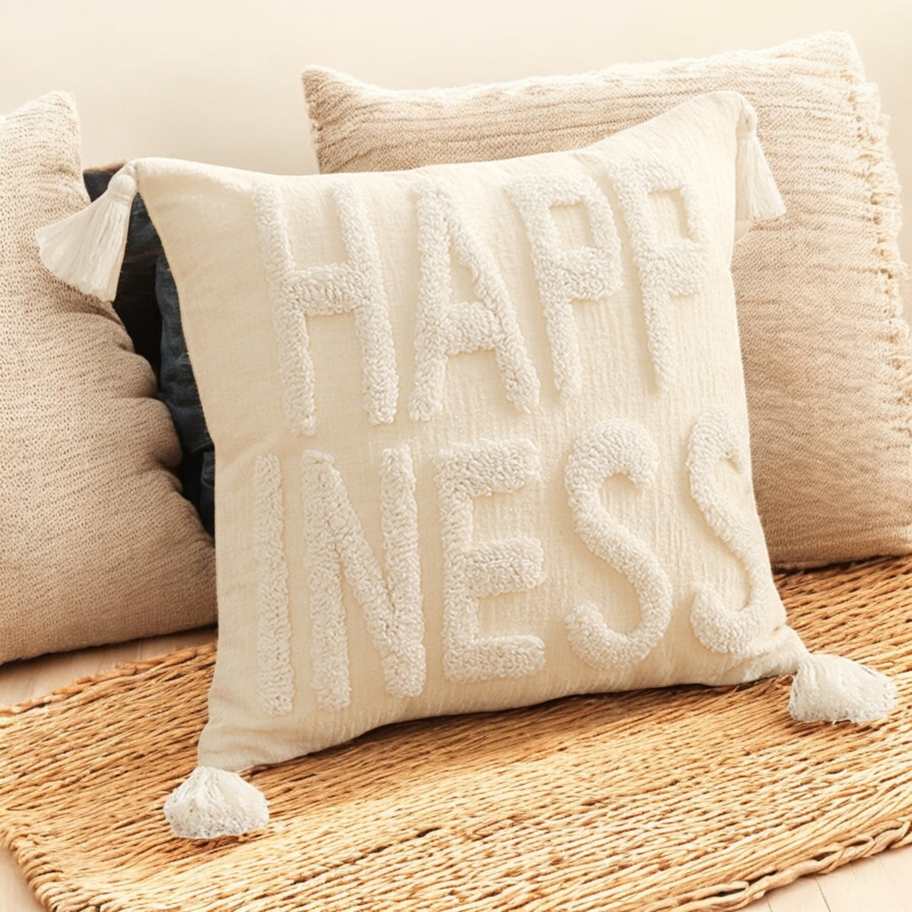 Coussin "happiness" blanc cassé - 45x45 cm 