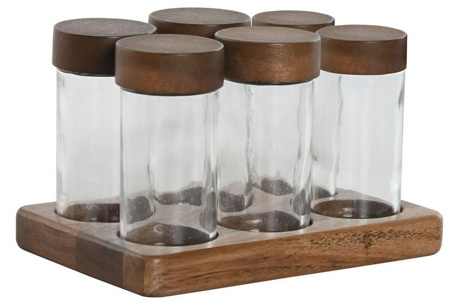 Support a épices avec 6 pots en verre bouchons acacia 17x12x10,5 90ml