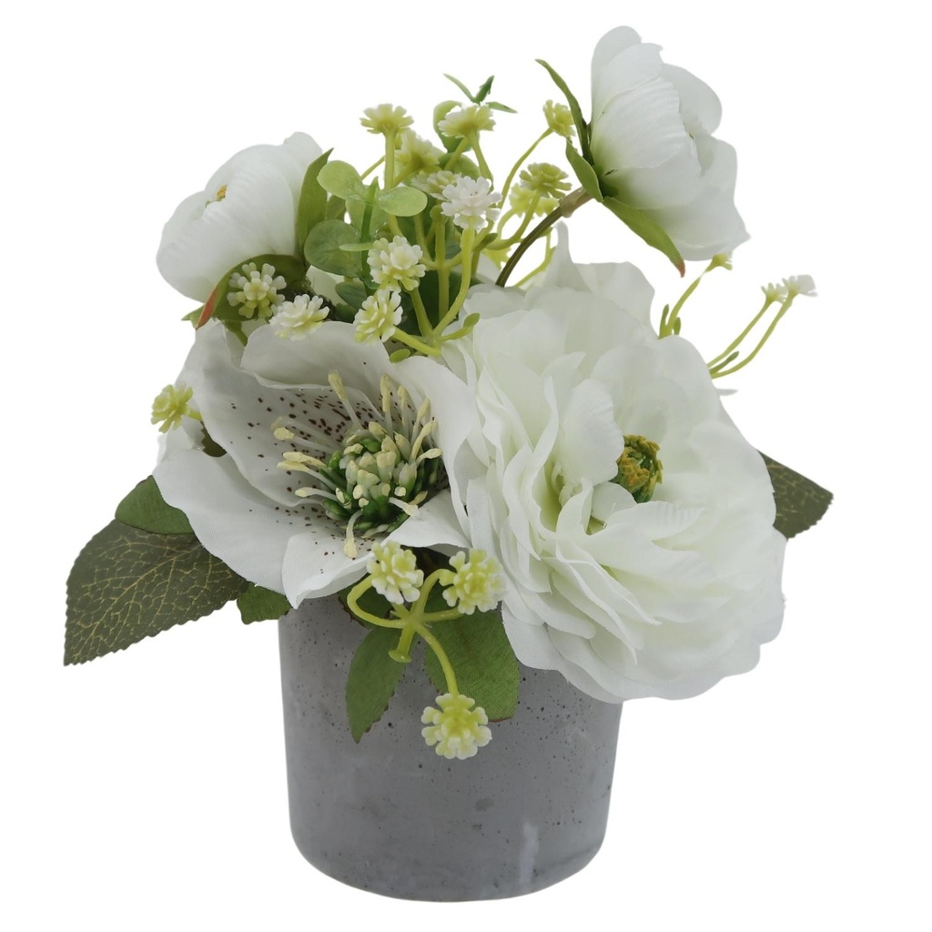 Fleur pot gris fleurs blanches pivoine renoncule euca