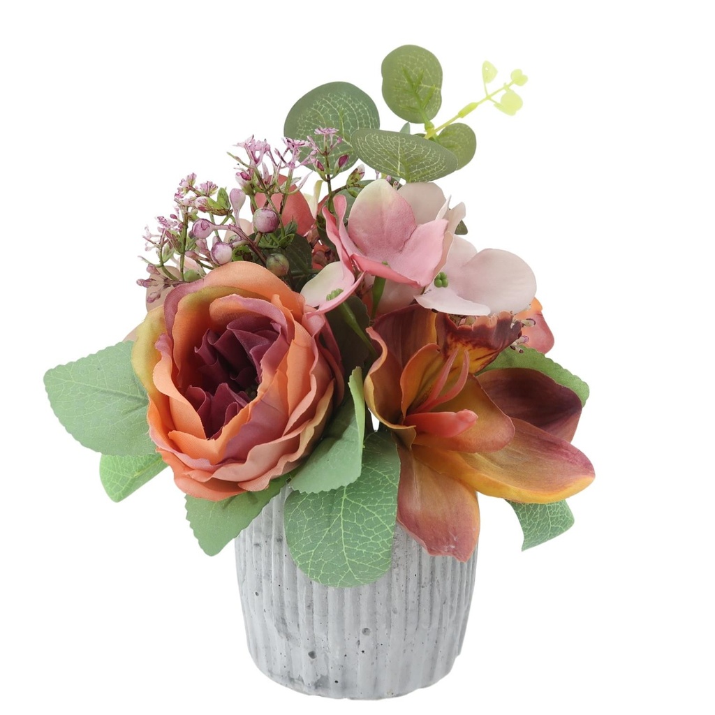 Fleur pot gris pivoine orchidee euca coloris violine jaune