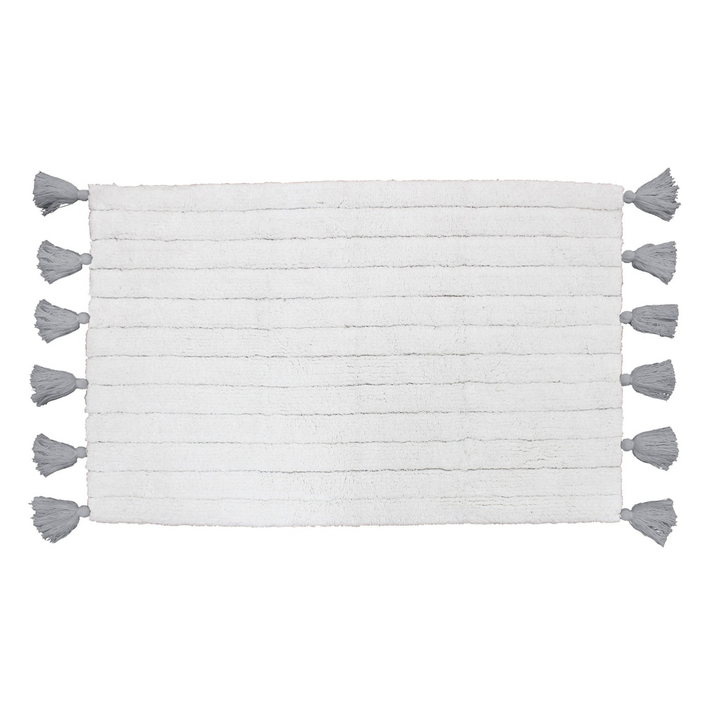 Tapis de bain+pompons 50 x 80 cm coton jacquard tufte minatis blanc/gris