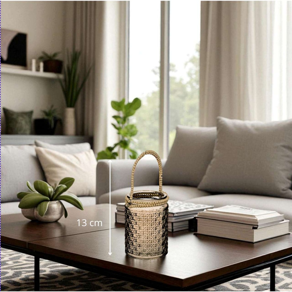 Photophore verre perle bois tropicale D10 H13 cm - Tonka