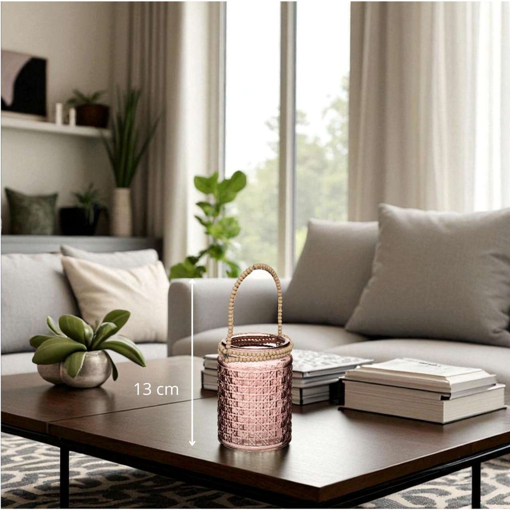 Photophore verre perle bois tropicale D10 H13 cm - Terre de rose