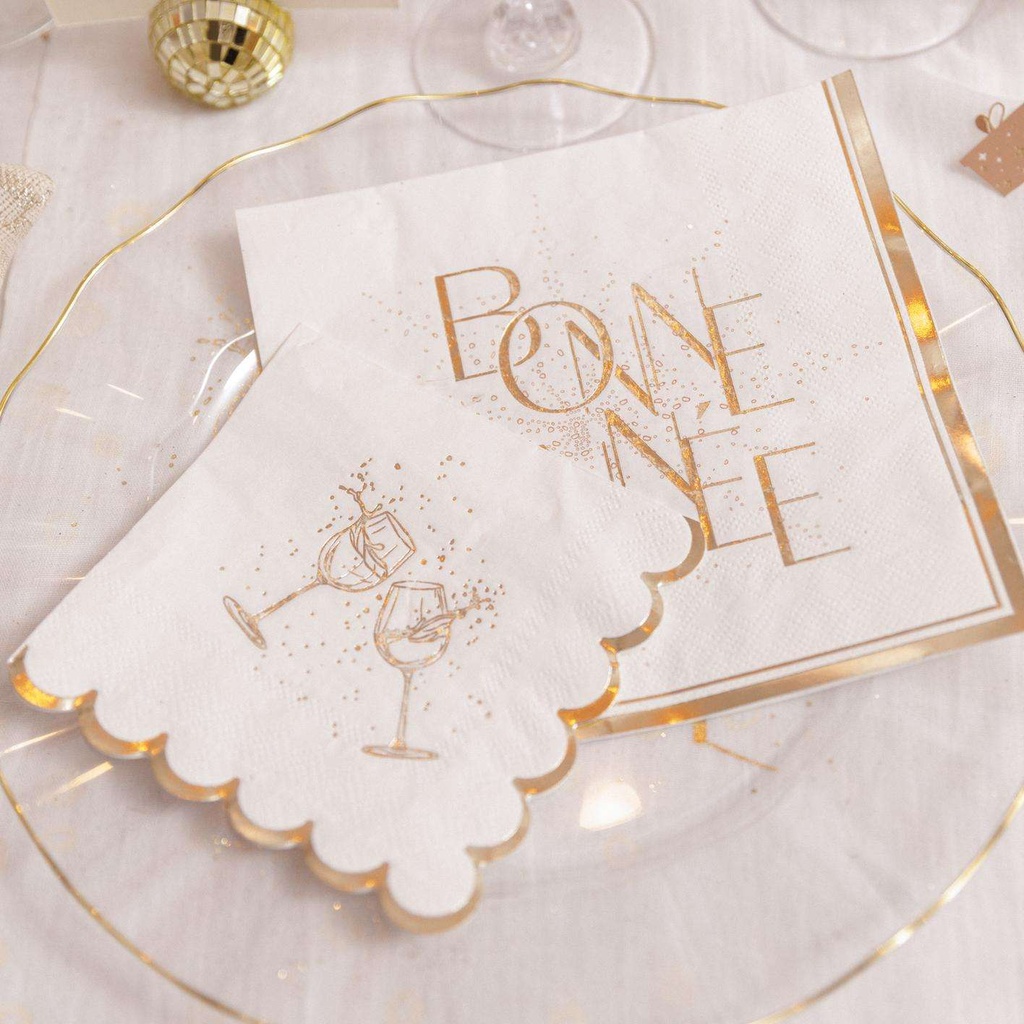 20 Serviettes Cocktail Bubbles Party Papier Blanc et Or 24x24cm - 3 Plis