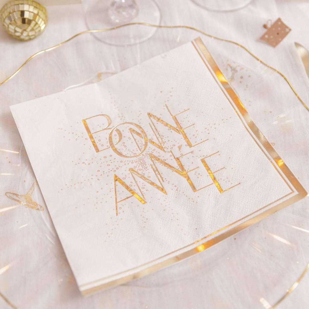 16 Serviettes "Bonne Année" Bubbles Party Papier Blanc, Marron Glacé et Or 33x33cm - 3 Plis