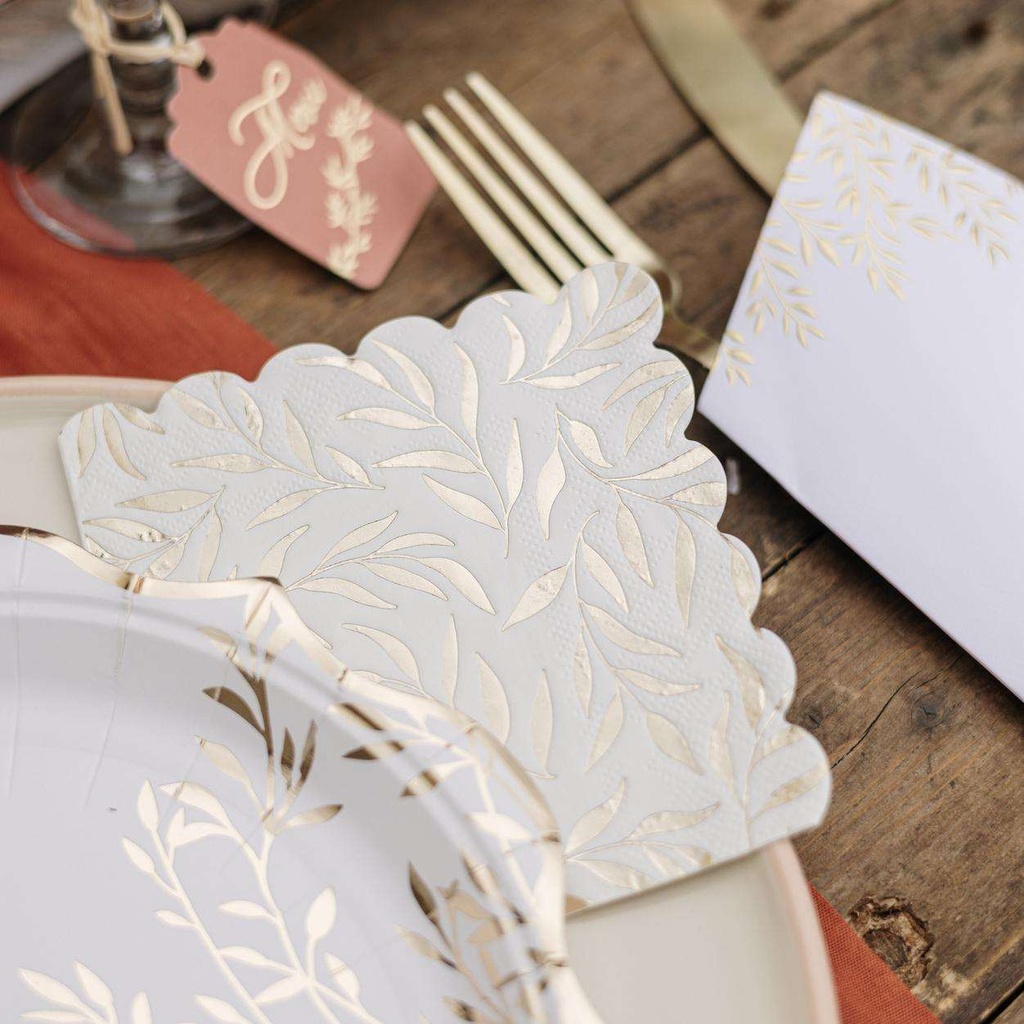 20 Serviettes Cocktail Jolis Brins Papier Blanc et Or 24x24cm - 3 Plis