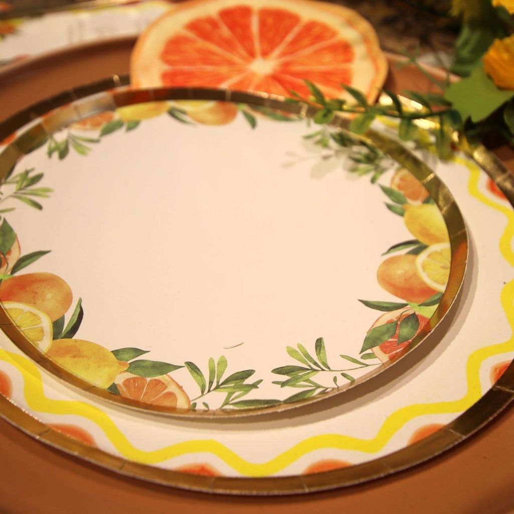 8 Petites Assiettes Fizz Agrume Carton Crème, Orange, Jaune et Or Ø18cm