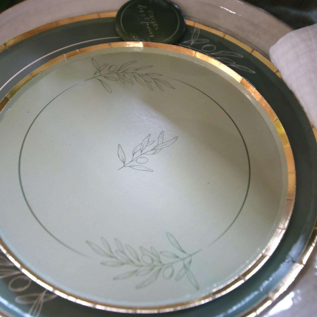 8 Petites Assiettes Olive Oil Carton Sauge et Or Ø18cm