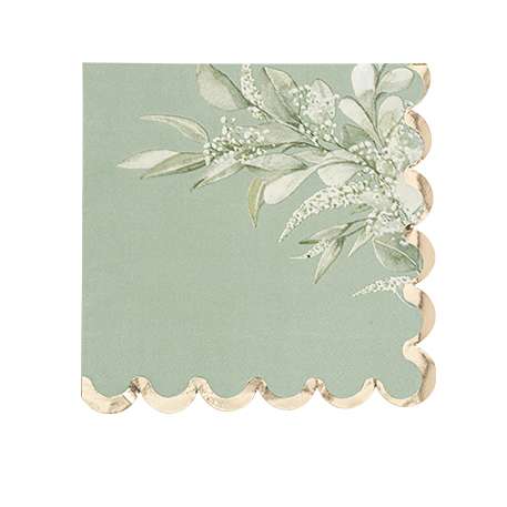 16 Serviettes Greenery Papier Vert de Gris, Blanc et Or 33x33cm - 3 Plis